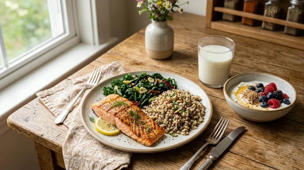 Gluten-free menopause meal with salmon, quinoa, greens, and calcium-rich foods for bone health
