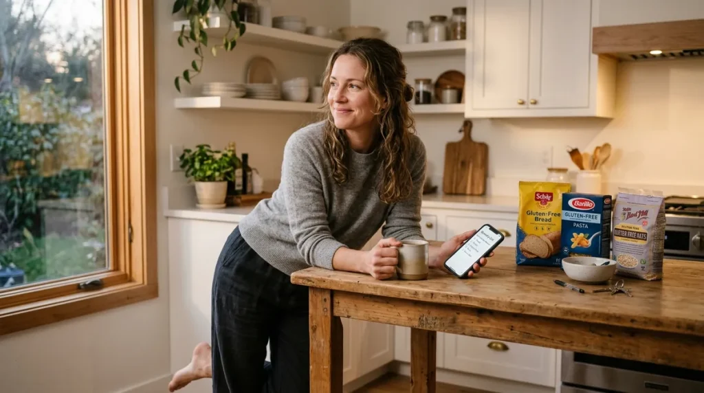 Woman reducing the mental load of gluten-free living while planning meals in a calm kitchen
