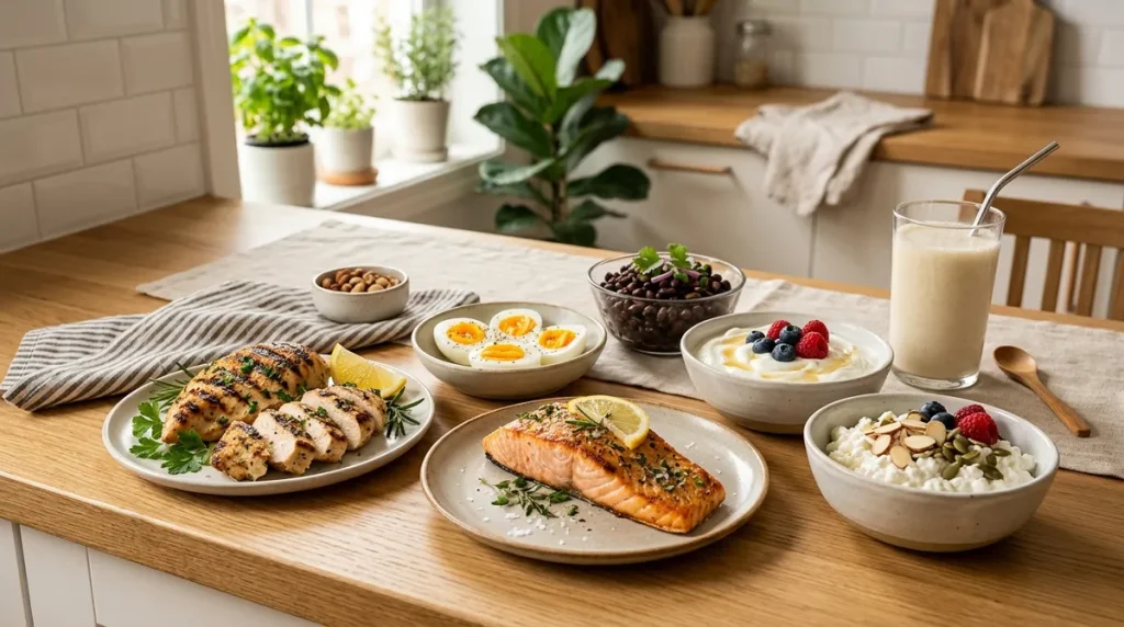 Gluten-free high-protein foods including chicken, eggs, yogurt, and a protein shake on a kitchen counter