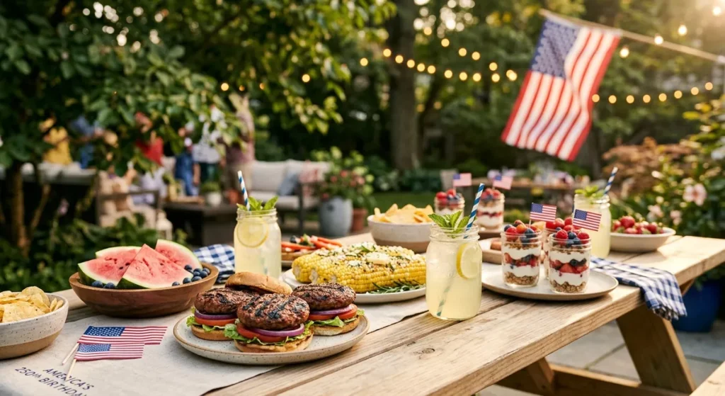 Gluten-free Fourth of July foods spread with burgers, berries, and watermelon on a patriotic picnic table