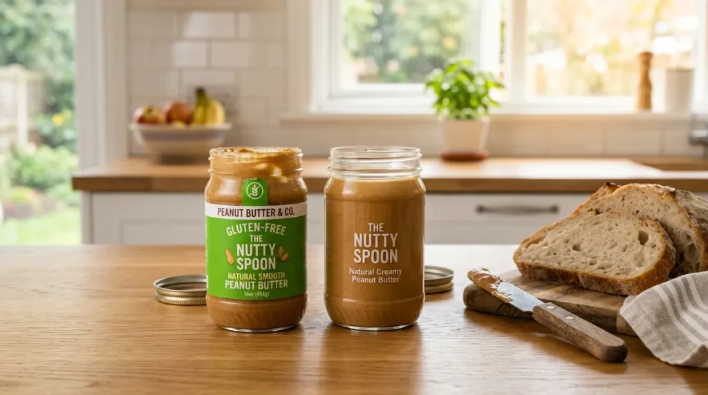 Two peanut butter jars showing gluten-free cross-contact prevention in a family kitchen