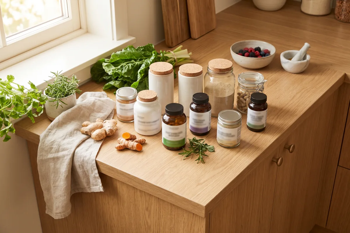 Gut health supplements in bottles arranged on a kitchen counter with fresh vegetables and herbs