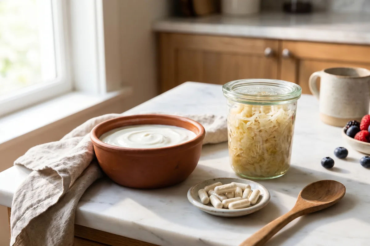 Probiotic capsules beside yogurt and sauerkraut, probiotics for gluten sensitivity