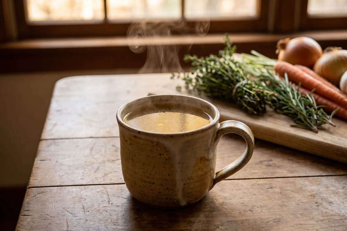 Bone broth for gut health served warm in a ceramic mug on a wooden table with fresh herbs