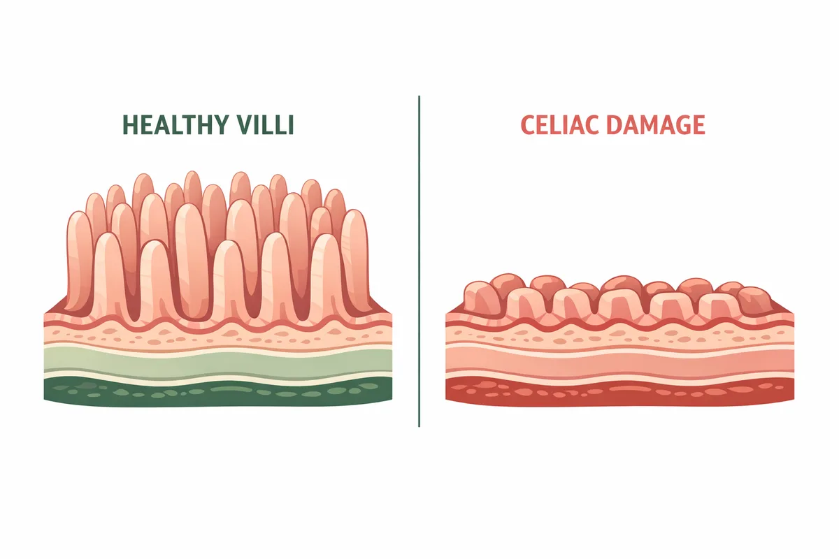 Healthy intestinal villi compared with flattened villi damaged by celiac disease