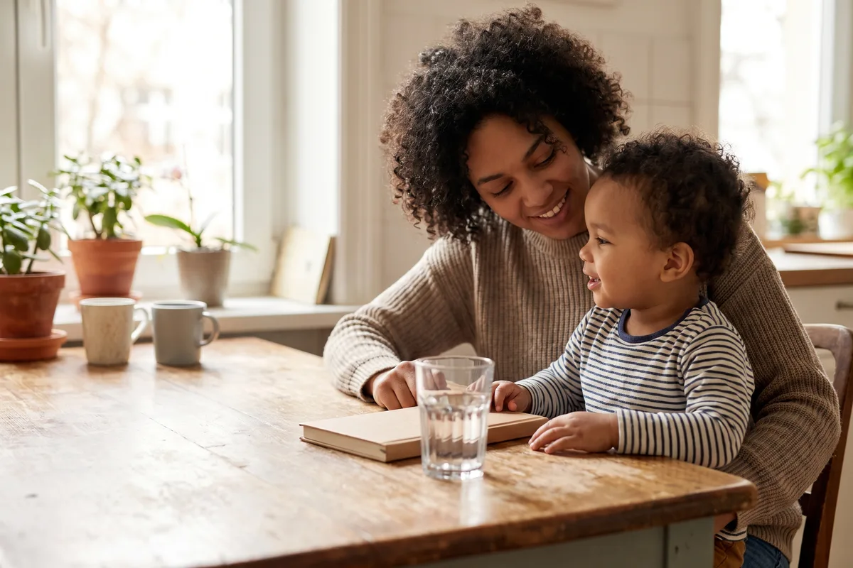 Parent and child talking calmly at a kitchen table after a positive celiac gene test