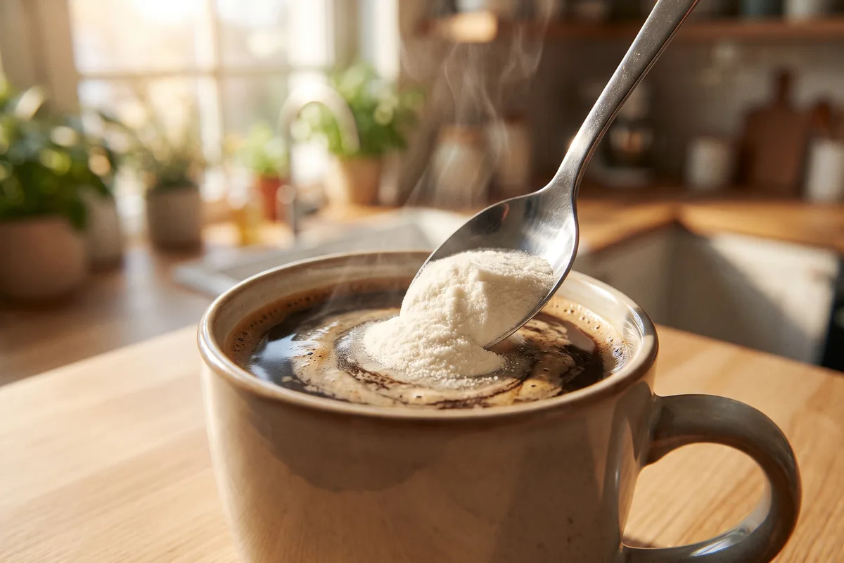 Collagen peptide powder for gut health being stirred into a mug of coffee