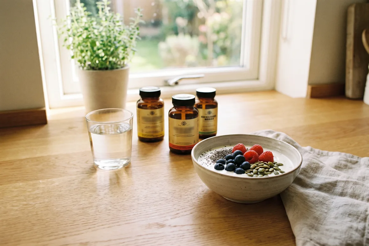 Daily gut health routine with water, supplements and a healthy breakfast on a kitchen counter