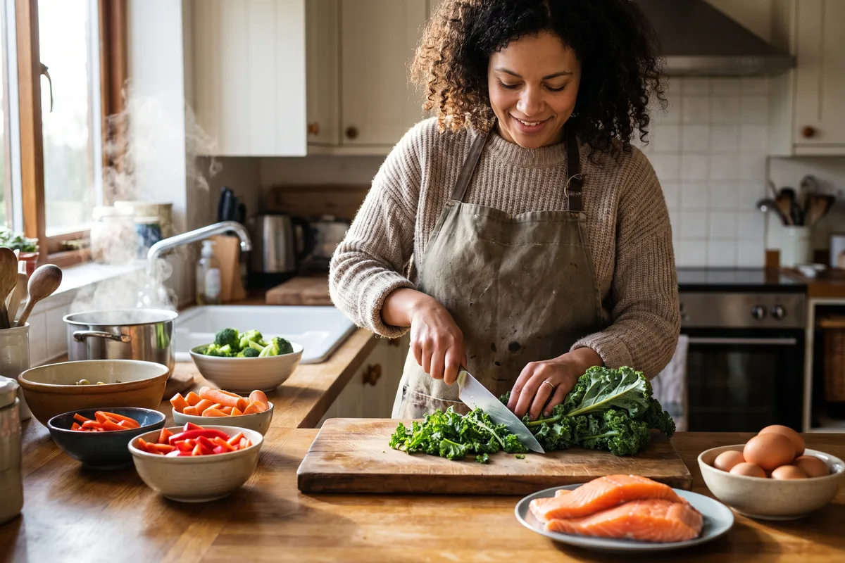 Woman preparing a nutrient-dense meal of leafy greens, salmon and vegetables