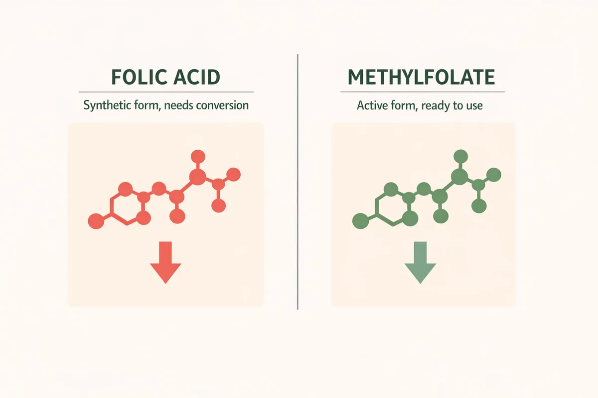 Folic acid compared with methylfolate, the synthetic and active forms of vitamin B9