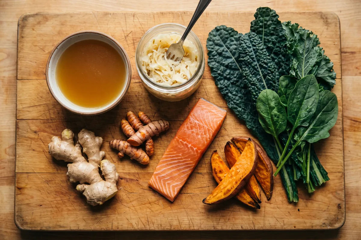 Foods that heal the gut including bone broth, sauerkraut, salmon, ginger and leafy greens