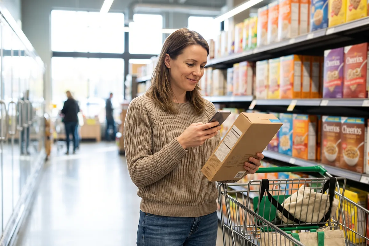 Shopper scanning a product label with a smartphone, the future of gluten-free shopping