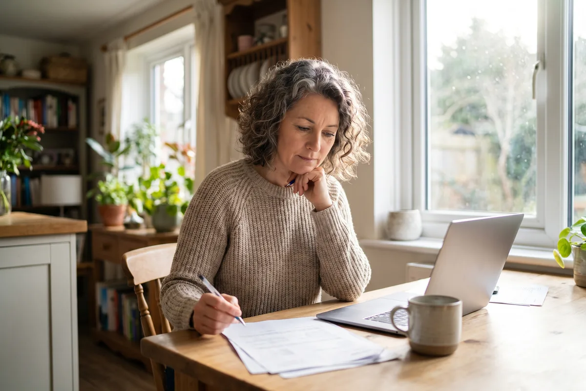 Woman reviewing genetic test results at a sunlit kitchen table with a laptop
