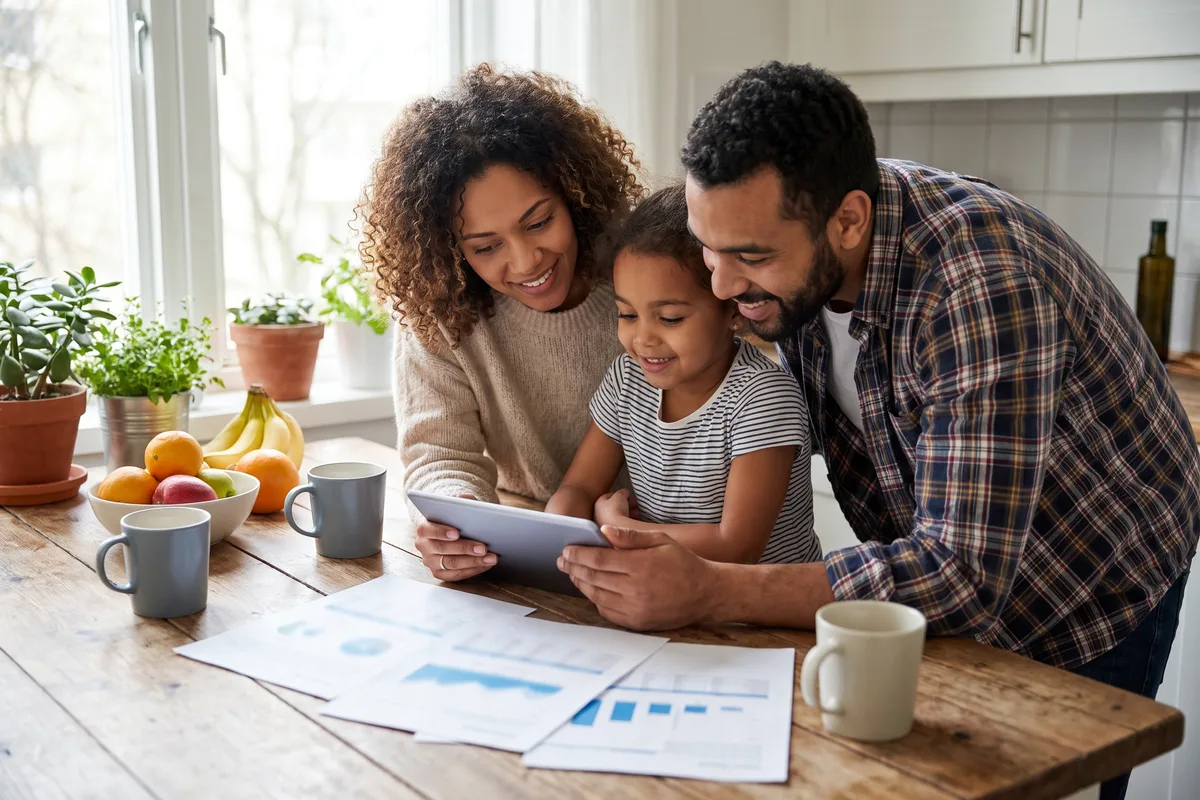 Family reviewing health and genetic information together in a warm kitchen