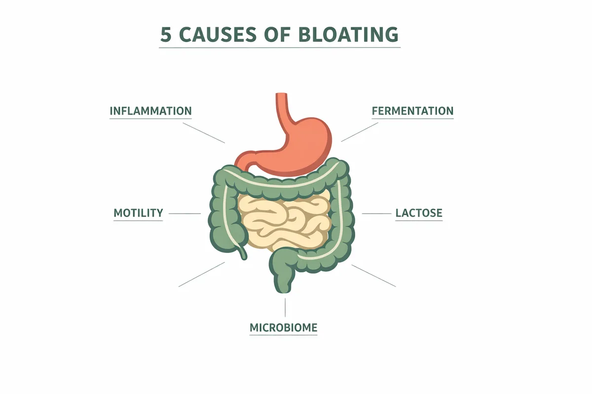 Digestive tract diagram showing five causes of gluten and bloating