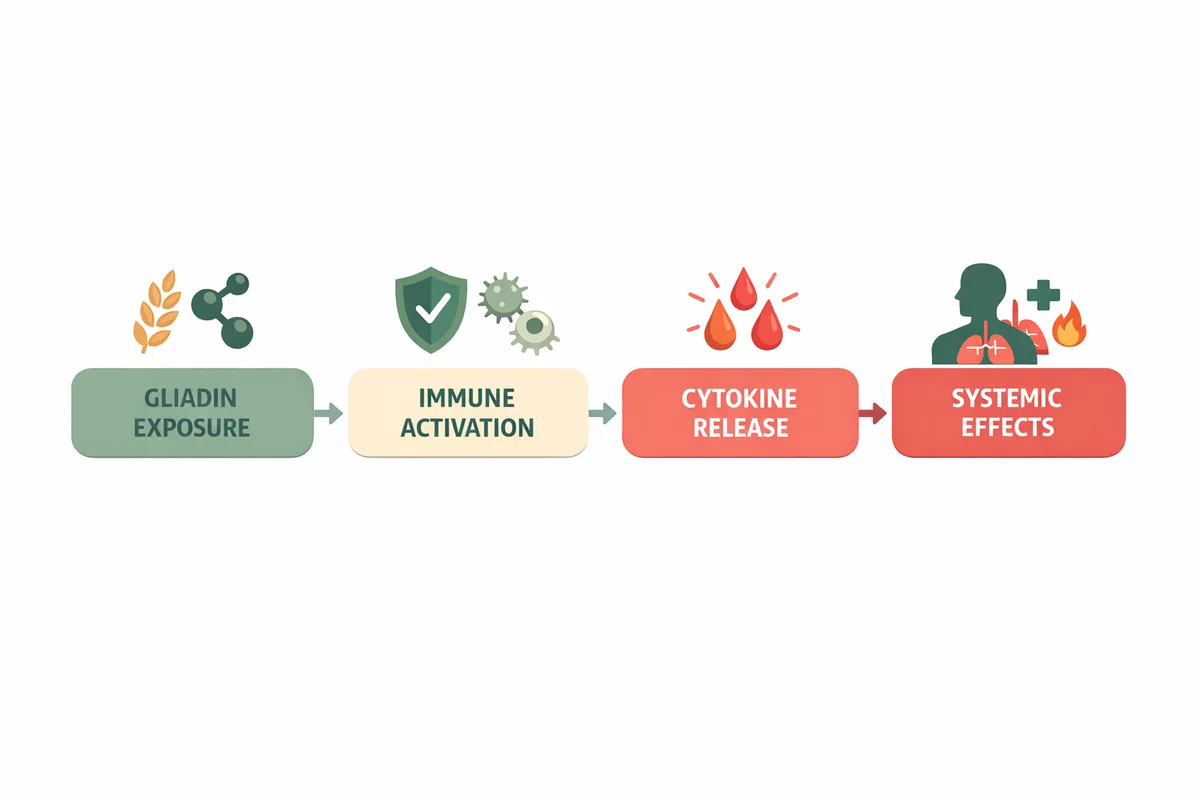 Diagram of gluten and inflammation from gliadin exposure to systemic effects