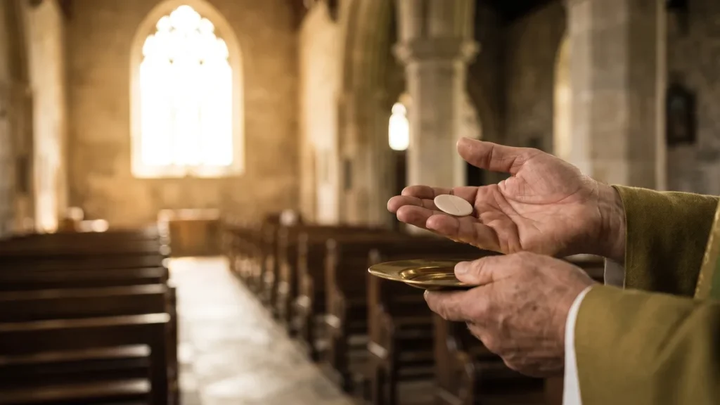 Hands receiving a gluten-free communion wafer over a paten in warm church light