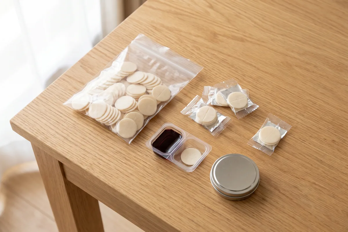 Gluten-free communion wafers, wrapped portions, a prefilled cup and a small pyx