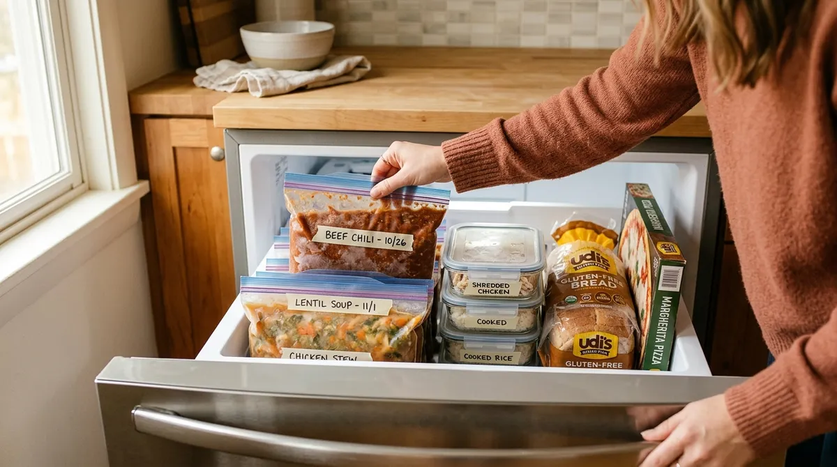 Organized gluten-free freezer stash with labeled flat-frozen meals, rice, and bread in a home freezer