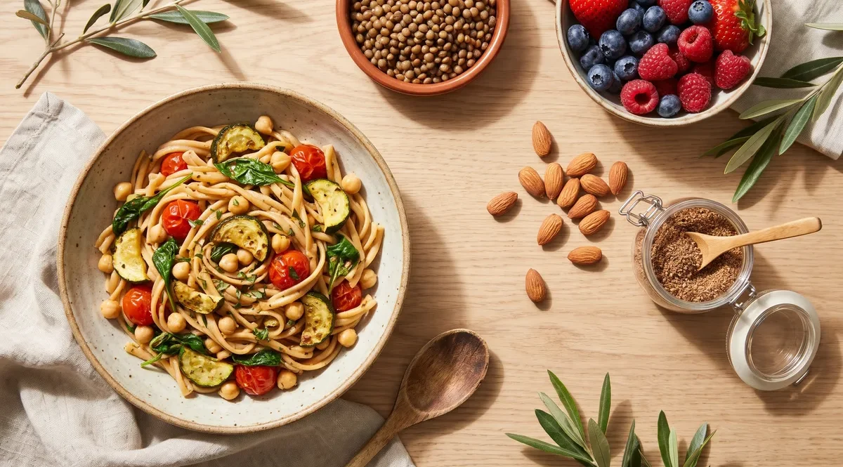 Naturally gluten-free high-fiber foods including chickpea pasta, lentils, berries and flaxseed