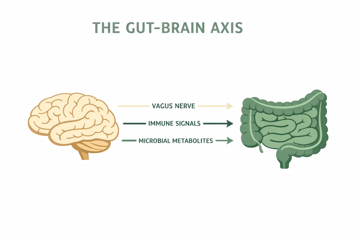 Gut-brain axis diagram showing vagus nerve, immune signals and microbial metabolites