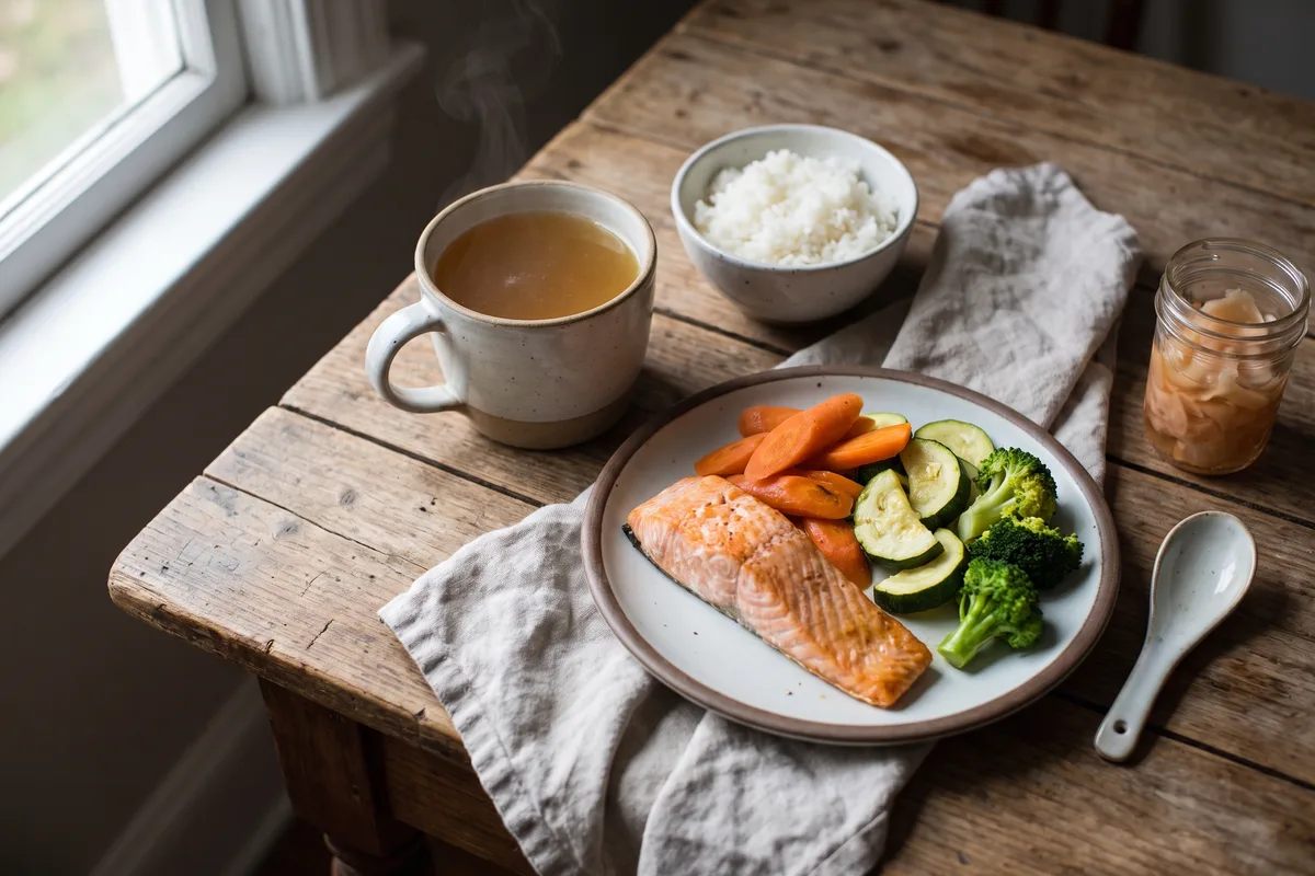 Gut healing diet plan meal of bone broth, salmon, cooked vegetables and rice