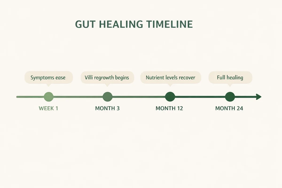 Gut healing timeline from week 1 through month 24 of recovery