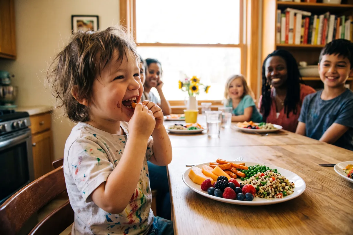 Child eating a colorful naturally gluten-free meal, gut health for kids