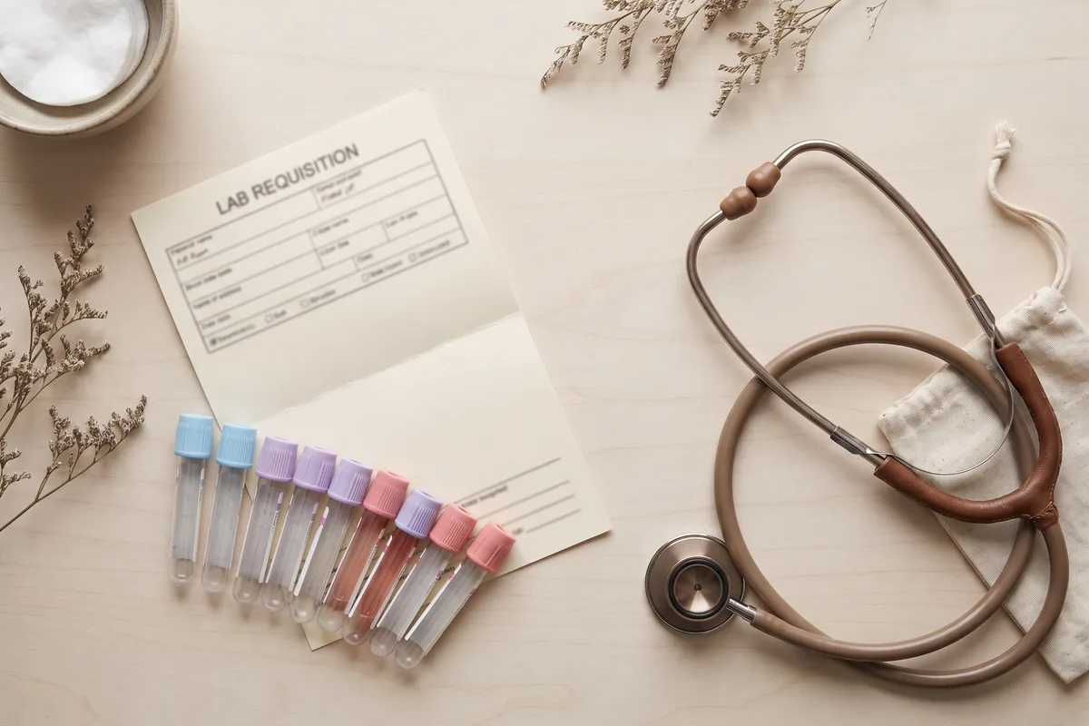 Gut health testing supplies including blood vials, a lab form and a stethoscope