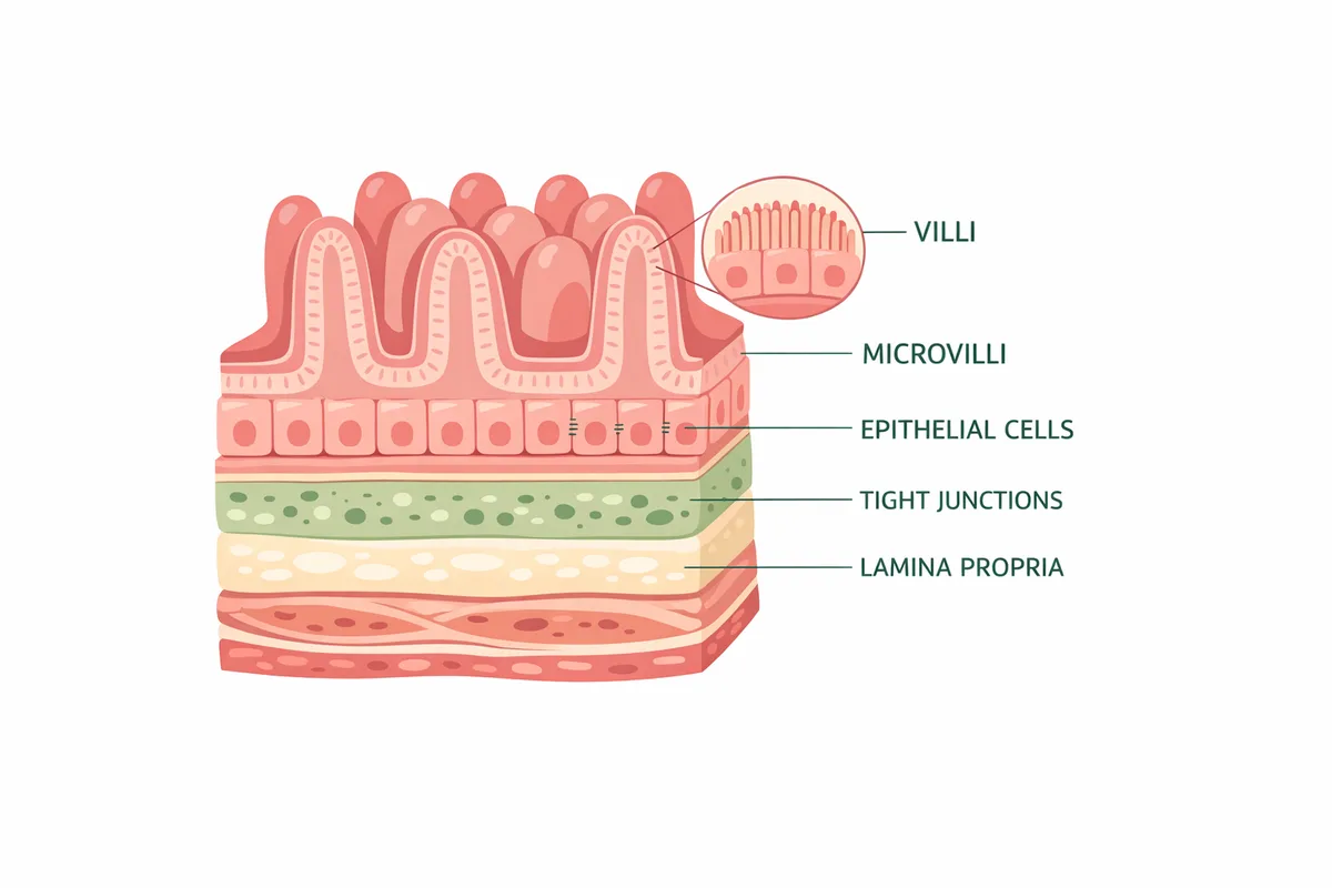 Gut lining anatomy cross-section labeling villi, microvilli, epithelial cells and tight junctions