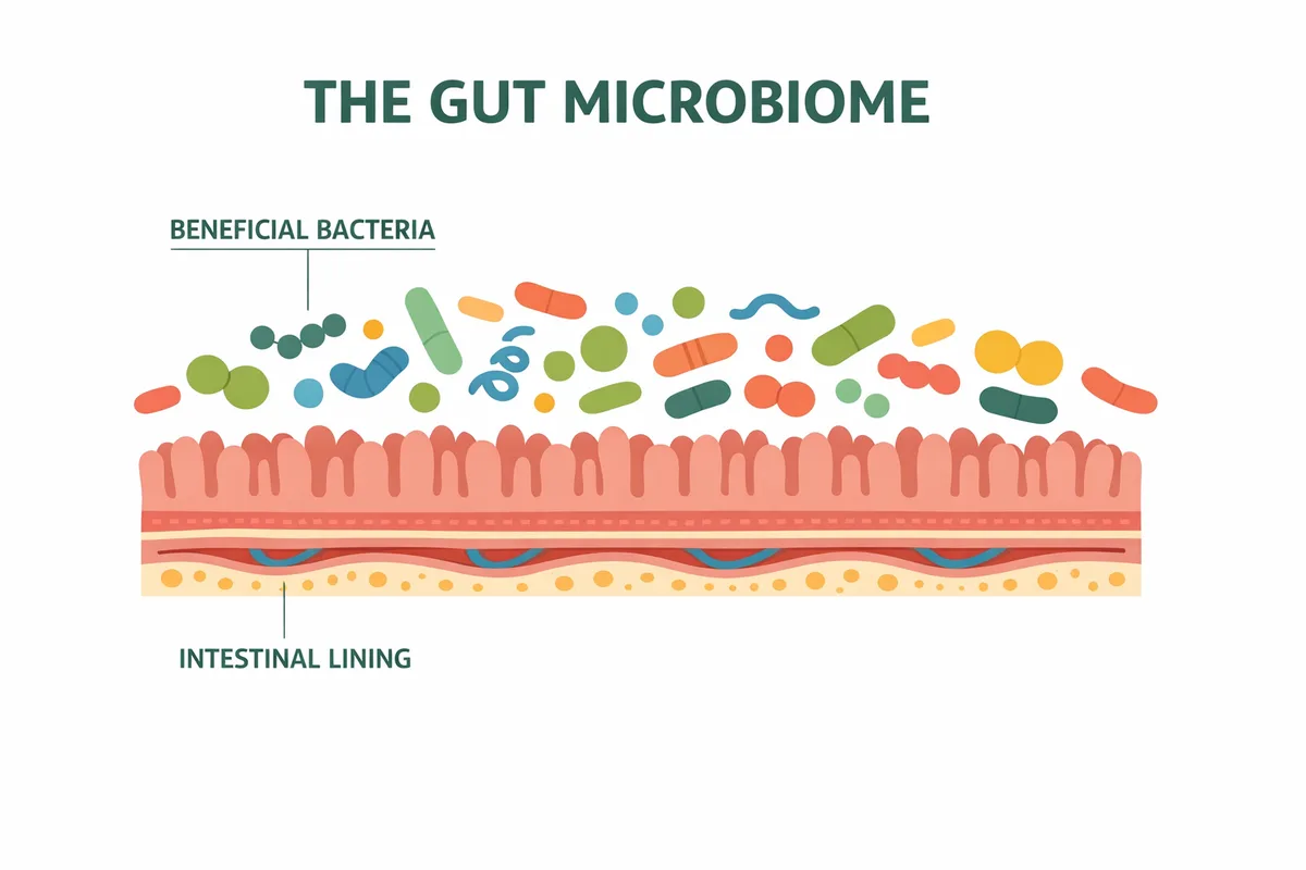Gut microbiome diagram showing beneficial bacteria along the intestinal lining