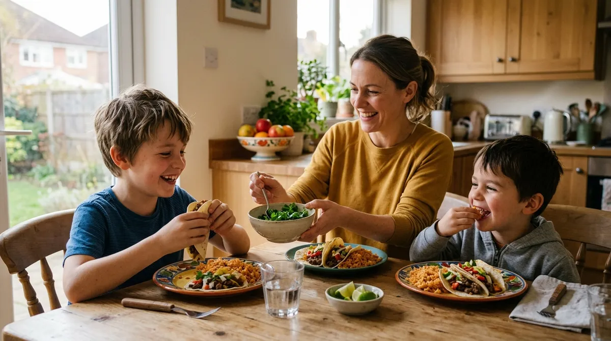 Family eating the same gluten-free dinner together so gluten-free food feels normal for kids