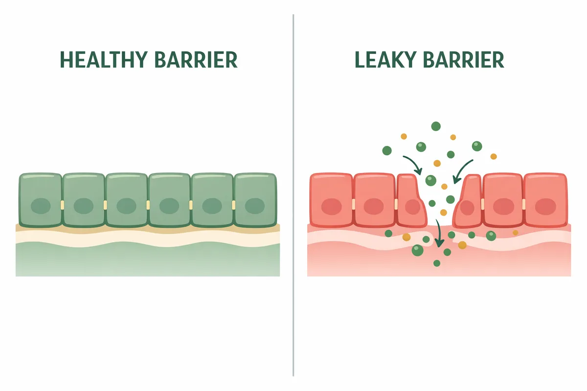 Healthy intestinal barrier compared with a leaky gut barrier with open tight junctions