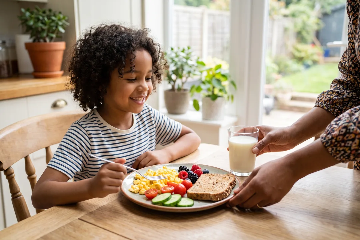 Child eating a balanced nutrient-dense meal, supporting MTHFR in kids