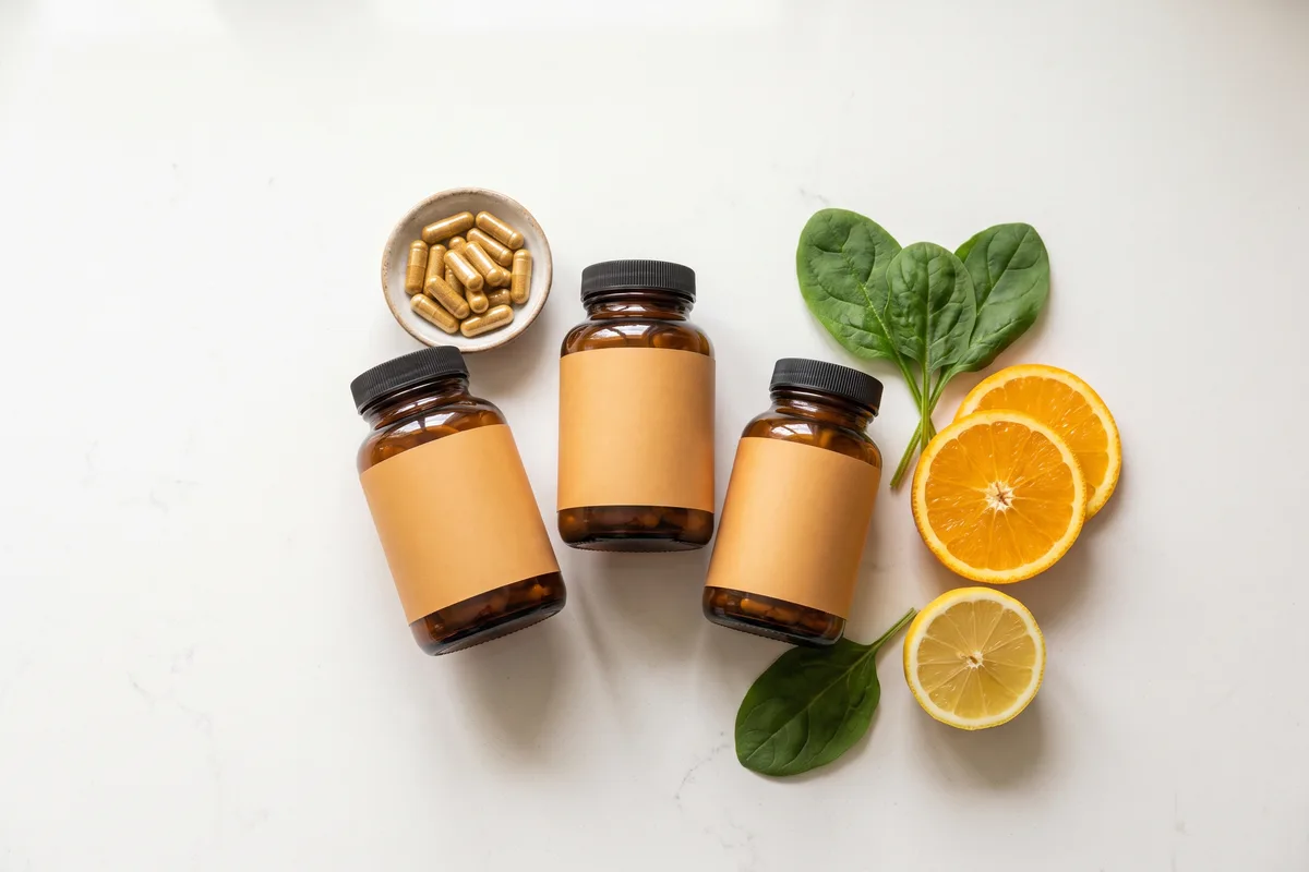 MTHFR supplement bottles and capsules arranged on a bright kitchen counter