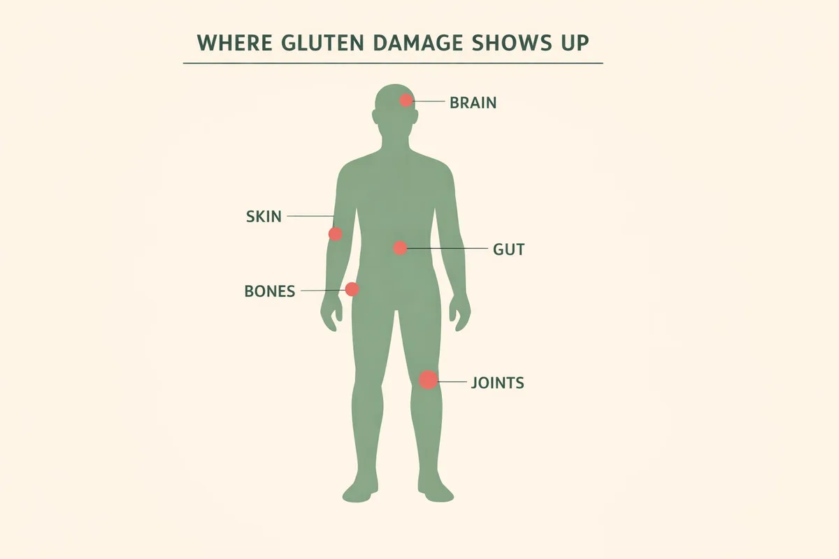 Body diagram showing signs of gut damage from gluten in brain, skin, joints, bones and gut