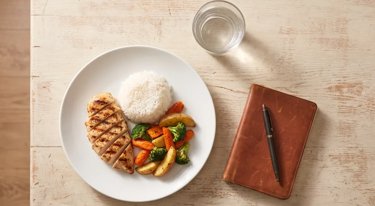 A simple whole-foods gluten-free meal beside a symptom journal for tracking recovery