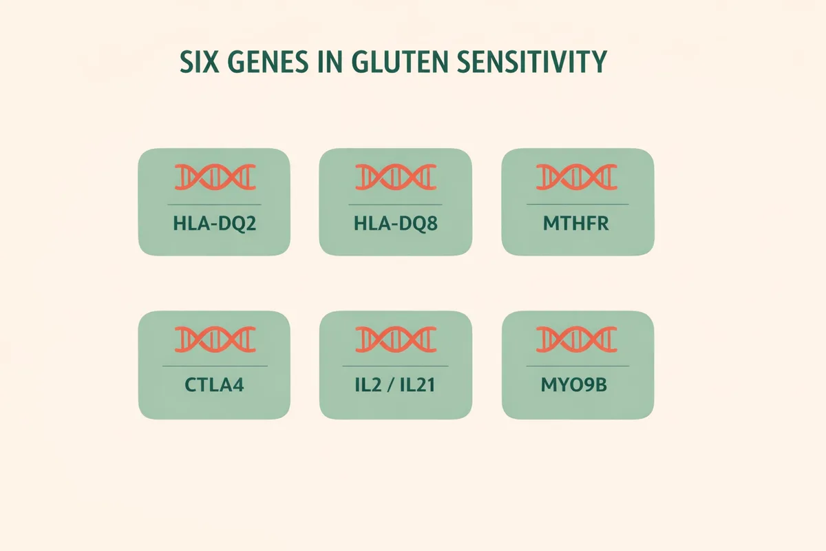 Six genes involved in gluten sensitivity including HLA-DQ2, HLA-DQ8 and MTHFR