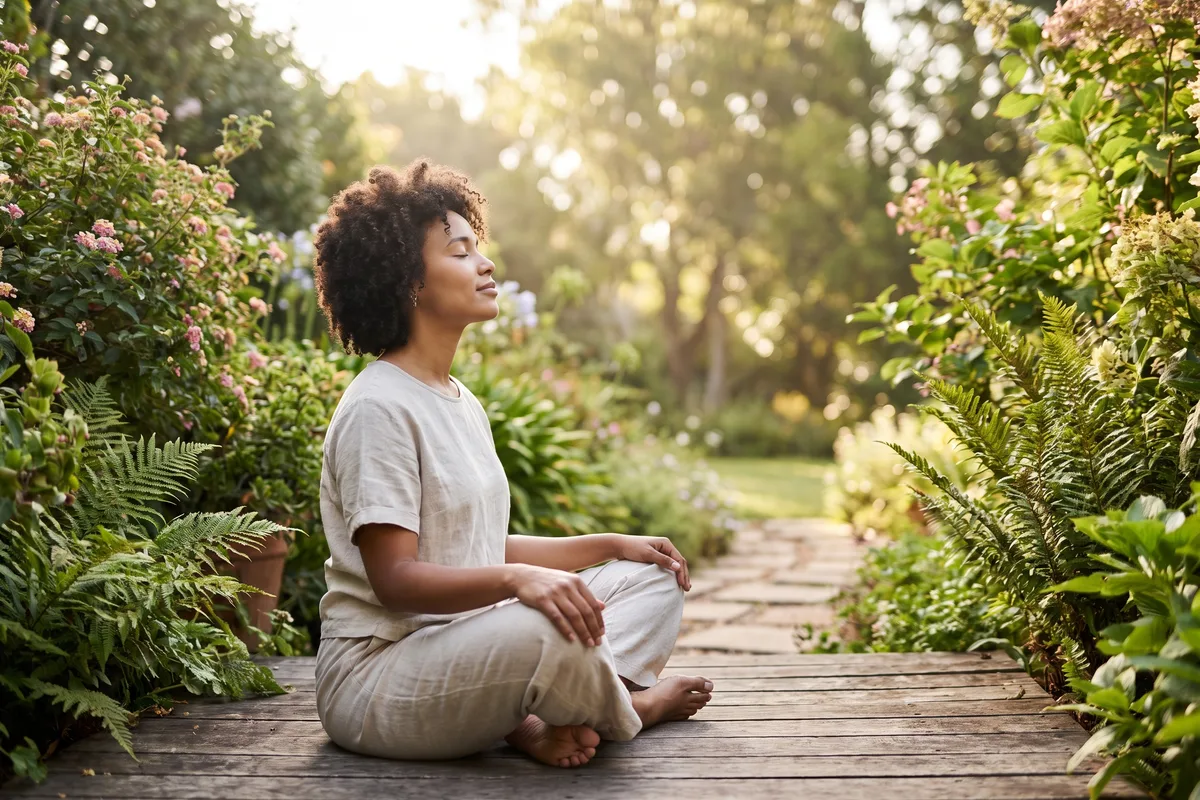 Person practicing deep breathing outdoors, managing stress for gut health