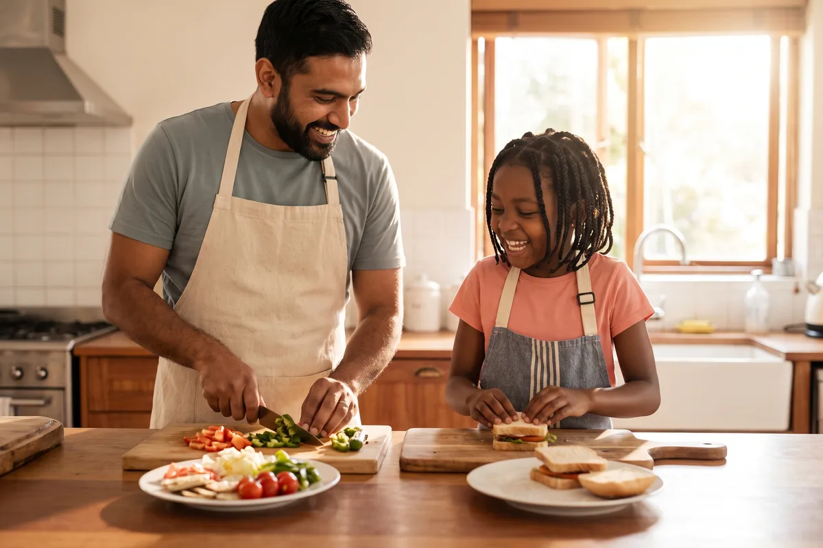 Parent and child preparing two different meals side by side in the kitchen