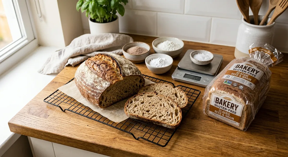 Homemade gluten-free bread loaf next to store-bought sliced bread showing texture differences