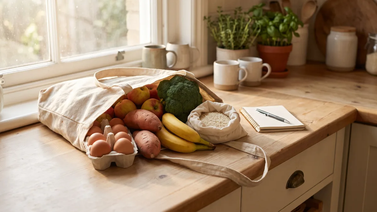 Groceries from a weekly gluten-free grocery list unpacked on a sunny kitchen counter