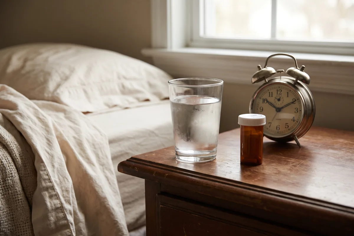 A thyroid medication bottle, a glass of water and an alarm clock on a nightstand, ready for the empty-stomach dose