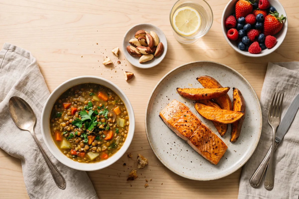 Naturally gluten-free whole foods, salmon, lentils, Brazil nuts and berries, on a kitchen table