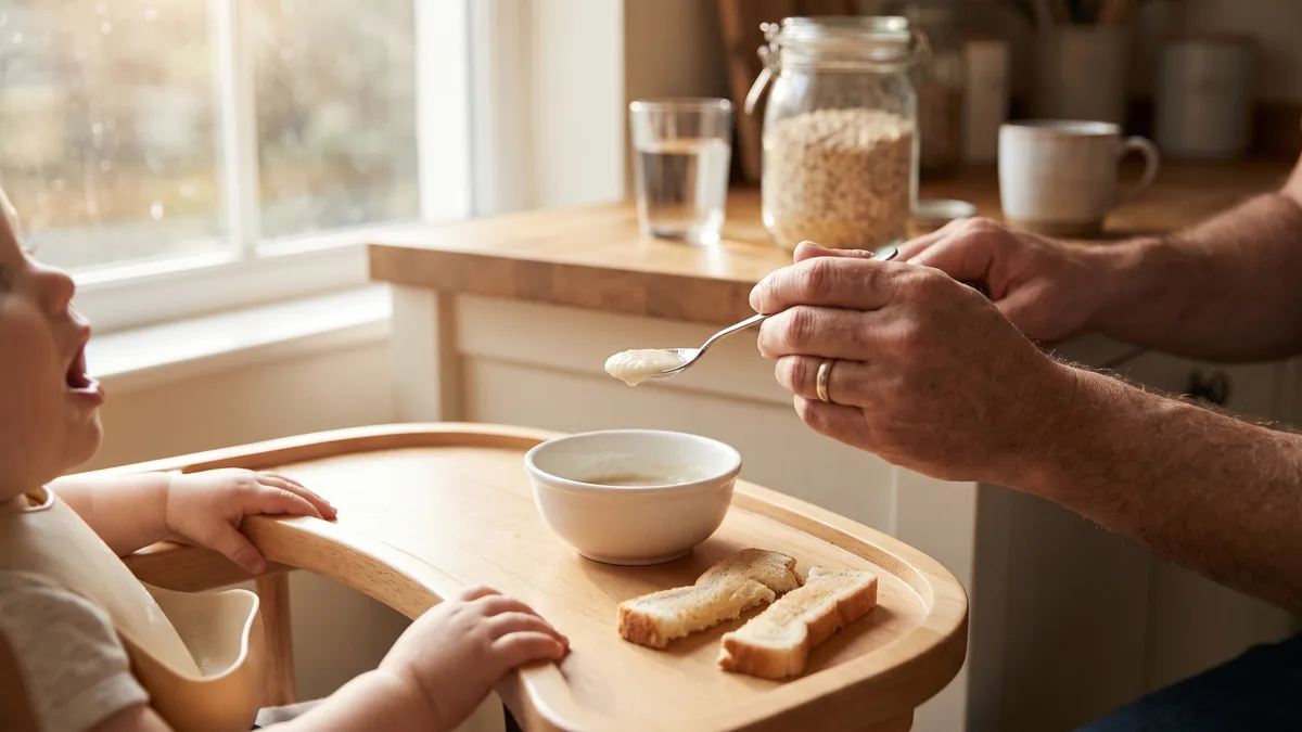A parent spoon-feeding wheat infant cereal to a baby in a high chair, introducing gluten to a baby at risk of celiac