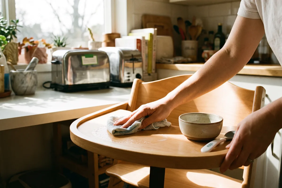 Wiping a high chair tray after a wheat feed, with a separate gluten-free toaster on the counter behind
