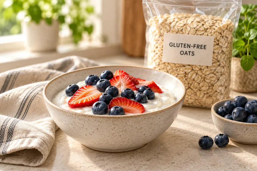 Illustrative yogurt, berries and a gluten-free oats package