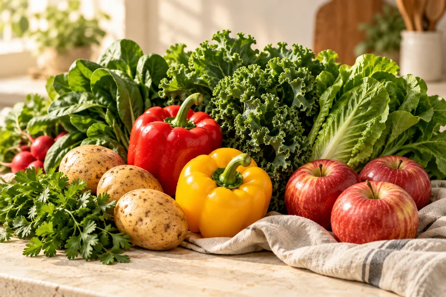 Illustrative fresh peppers, potatoes, greens and apples