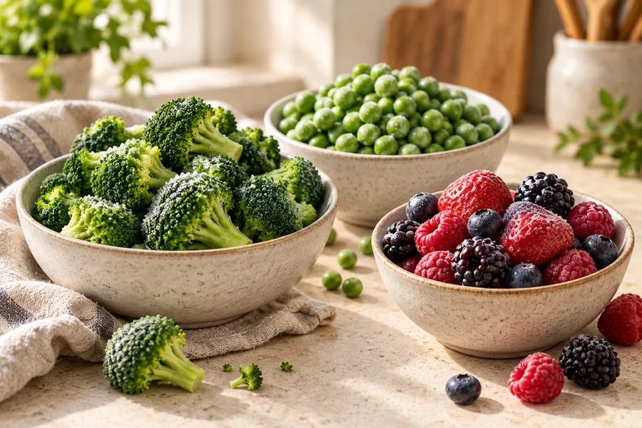 Illustrative frozen vegetables and berries in bowls