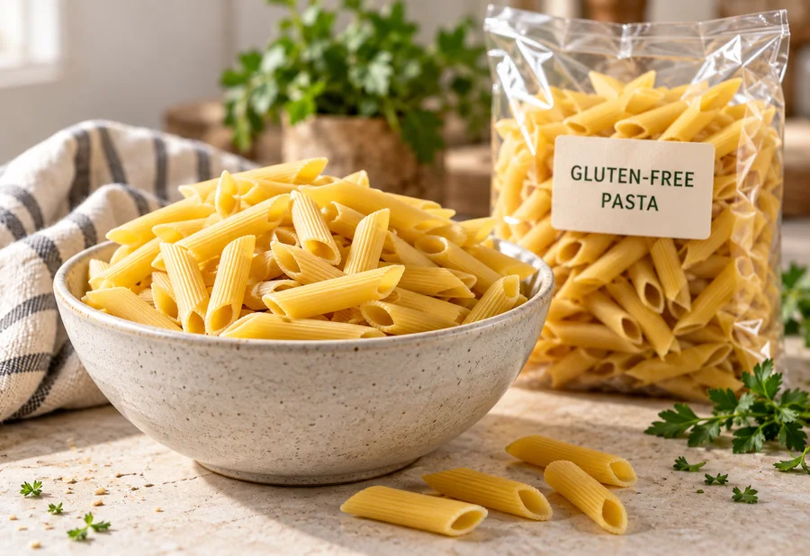 Illustrative gluten-free penne in a ceramic bowl beside an unbranded package